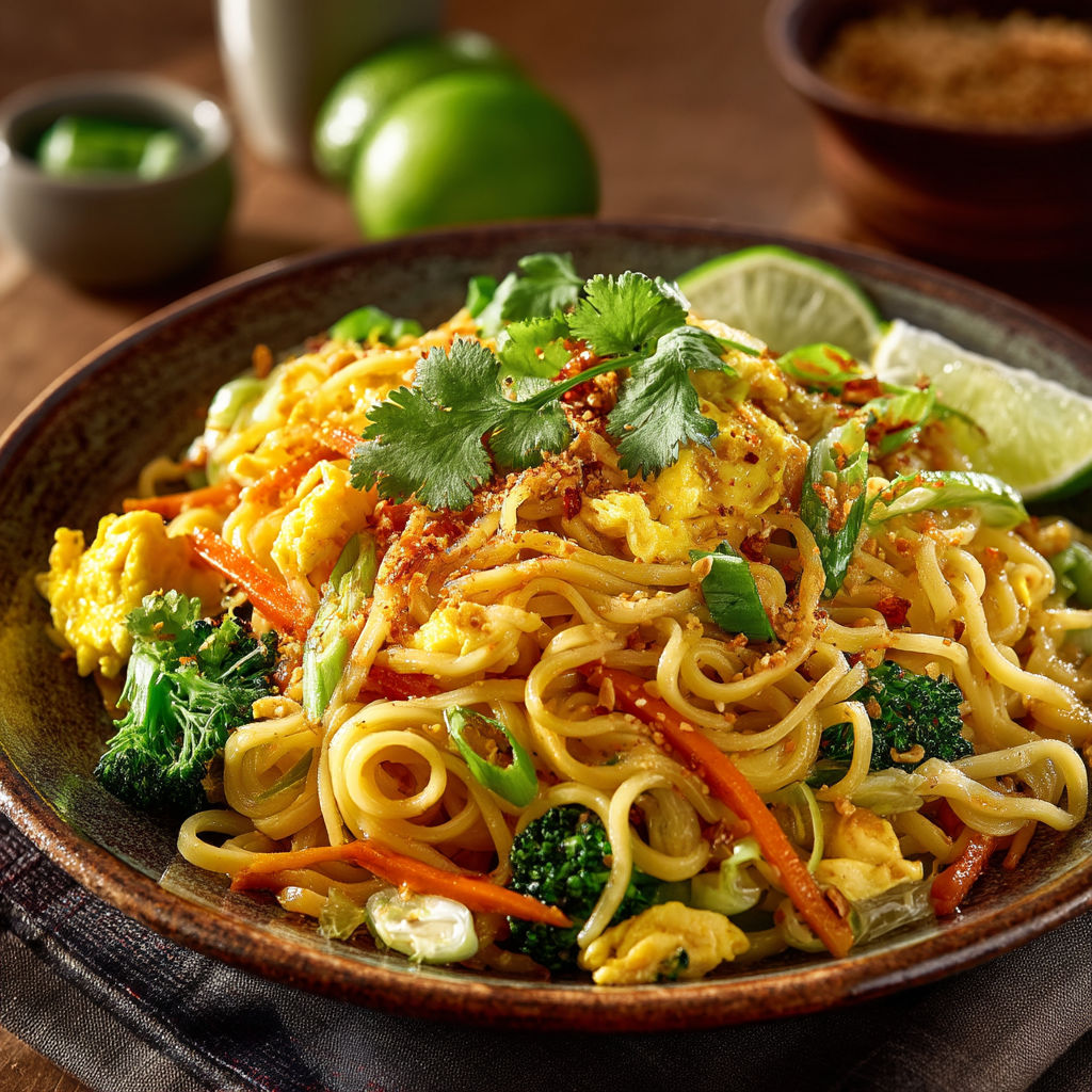 Une assiette de noodles avec des légumes et des épices.