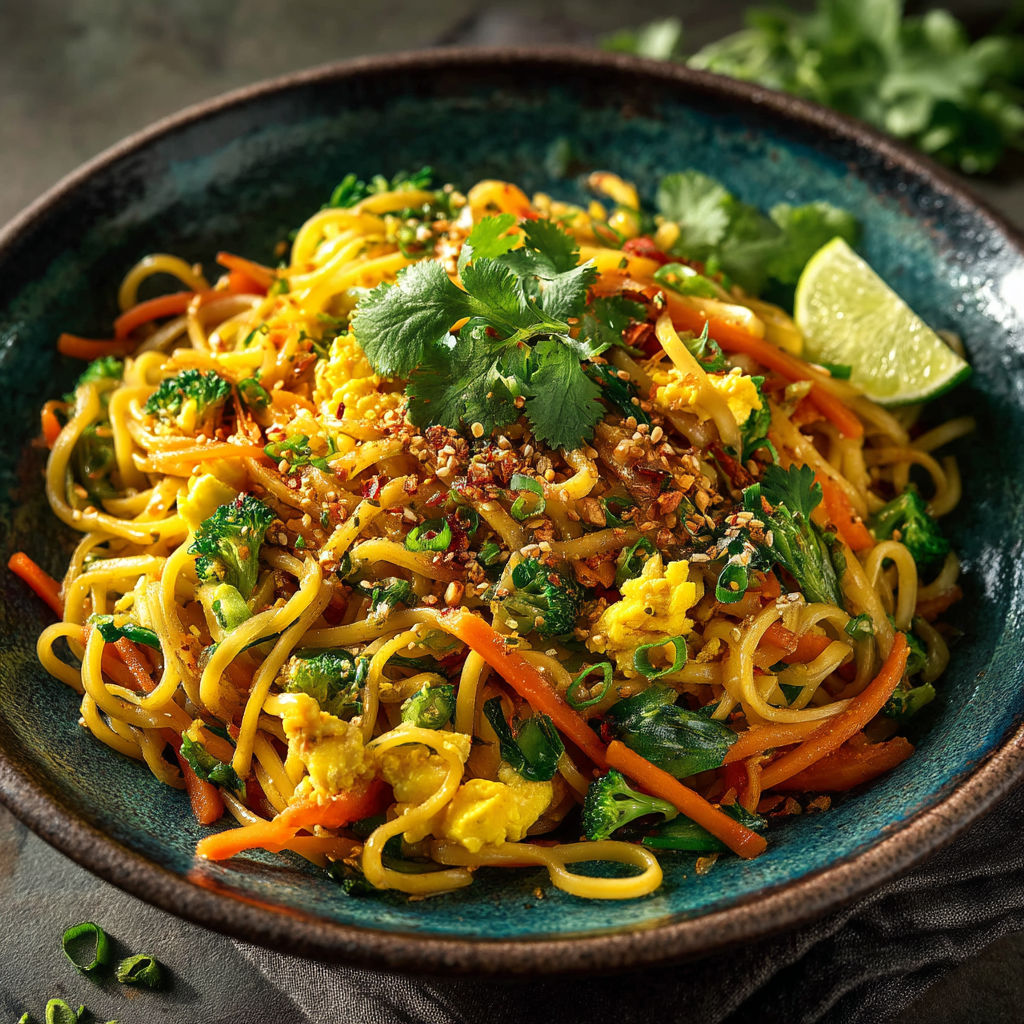 Une assiette de noodles avec des légumes et des épices.