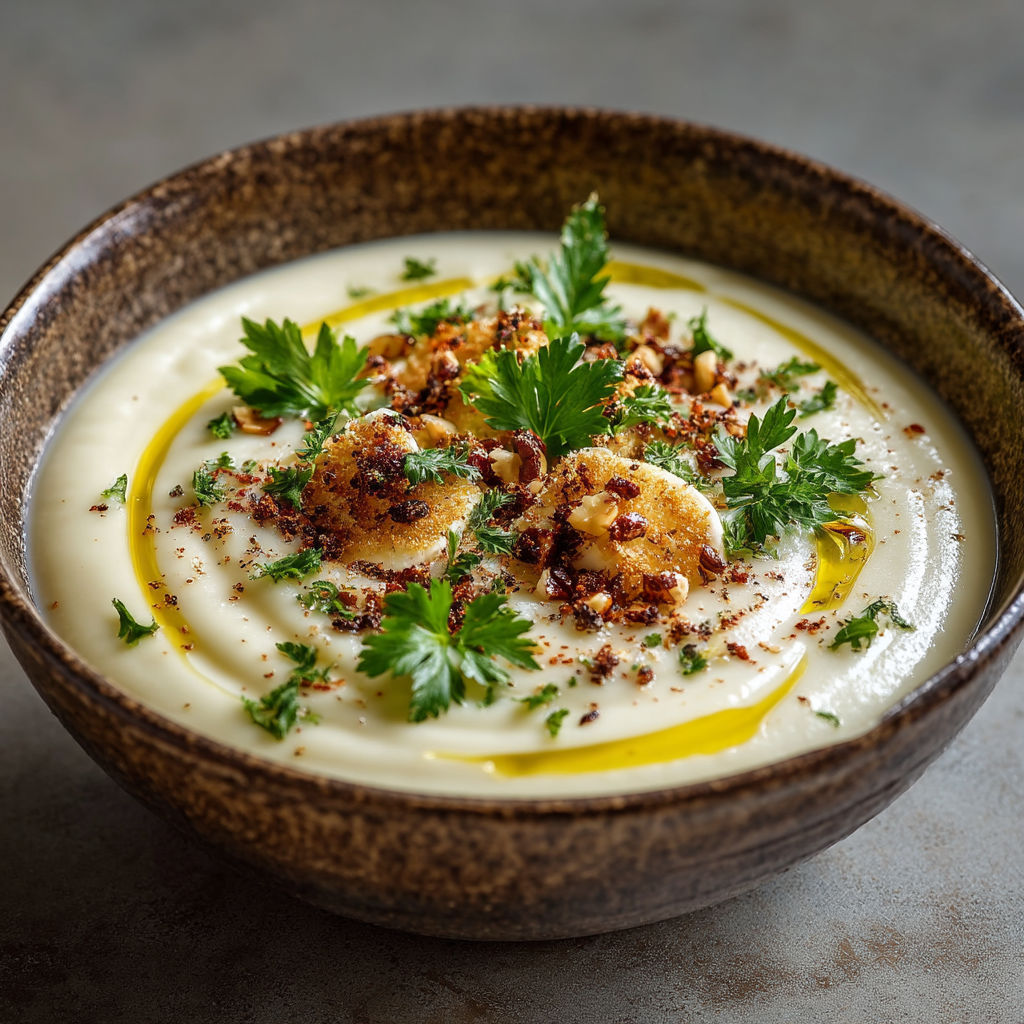 Une assiette de soupes avec des herbes et des noix.