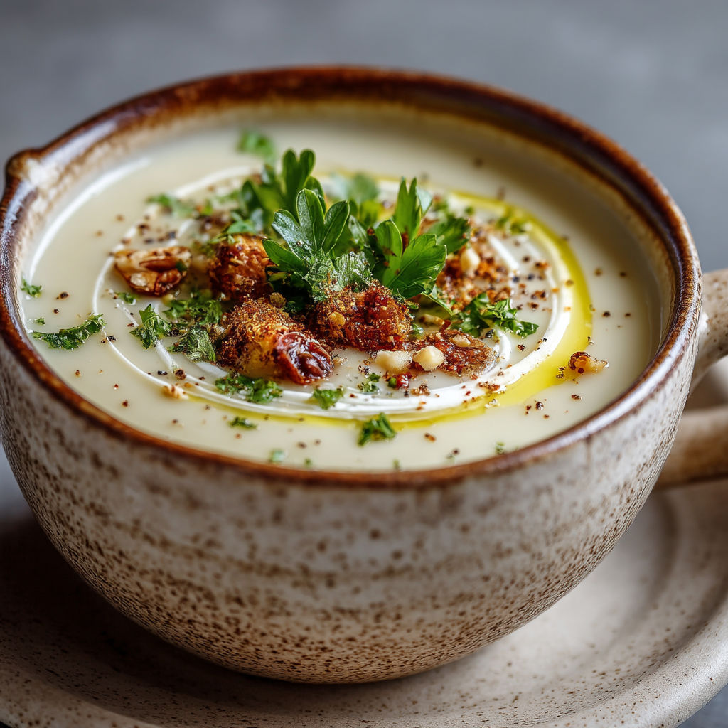 Une tasse de soupes avec des herbes et des noix.