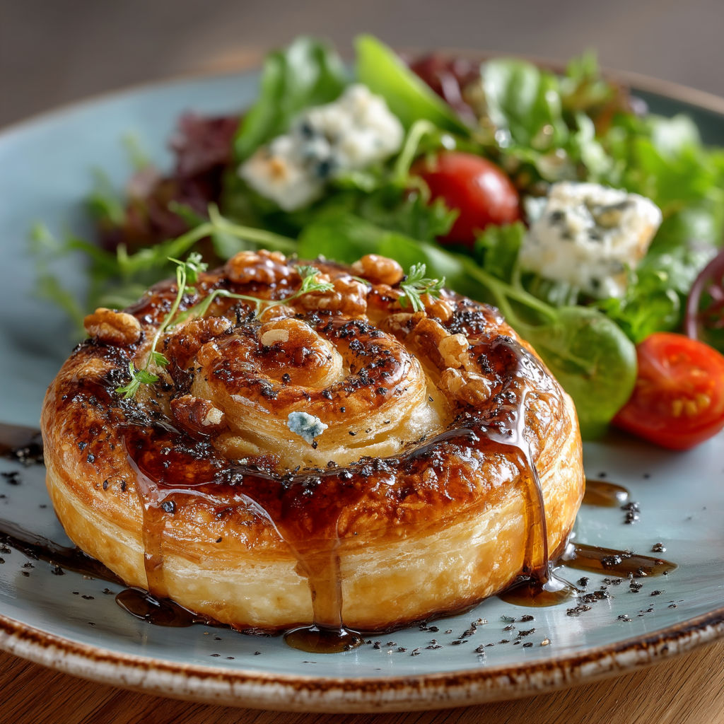 Une spirale feuilletée au gorgonzola, noix et miel.
