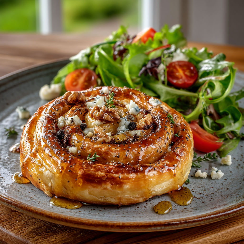 Une spirale feuilletée au gorgonzola, noix et miel.