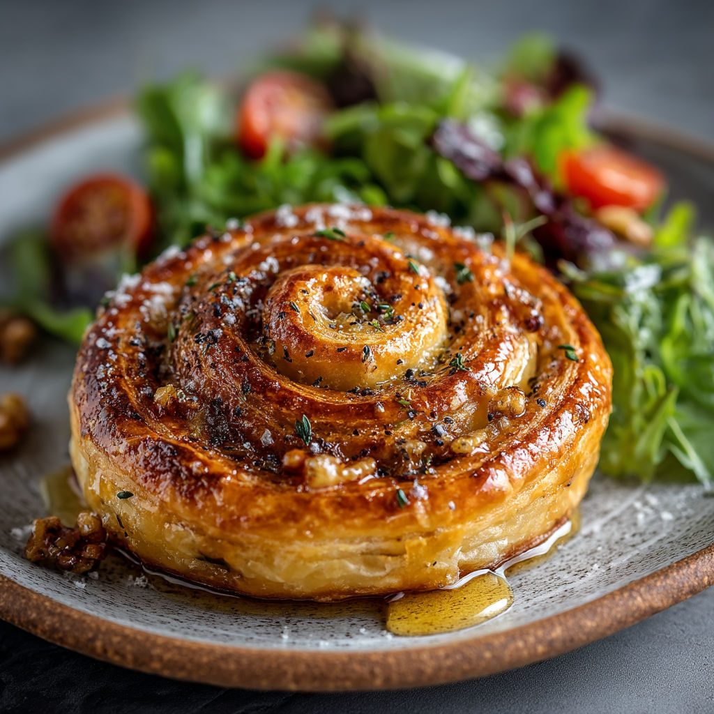 Une spirale feuilletée au gorgonzola, noix et miel.