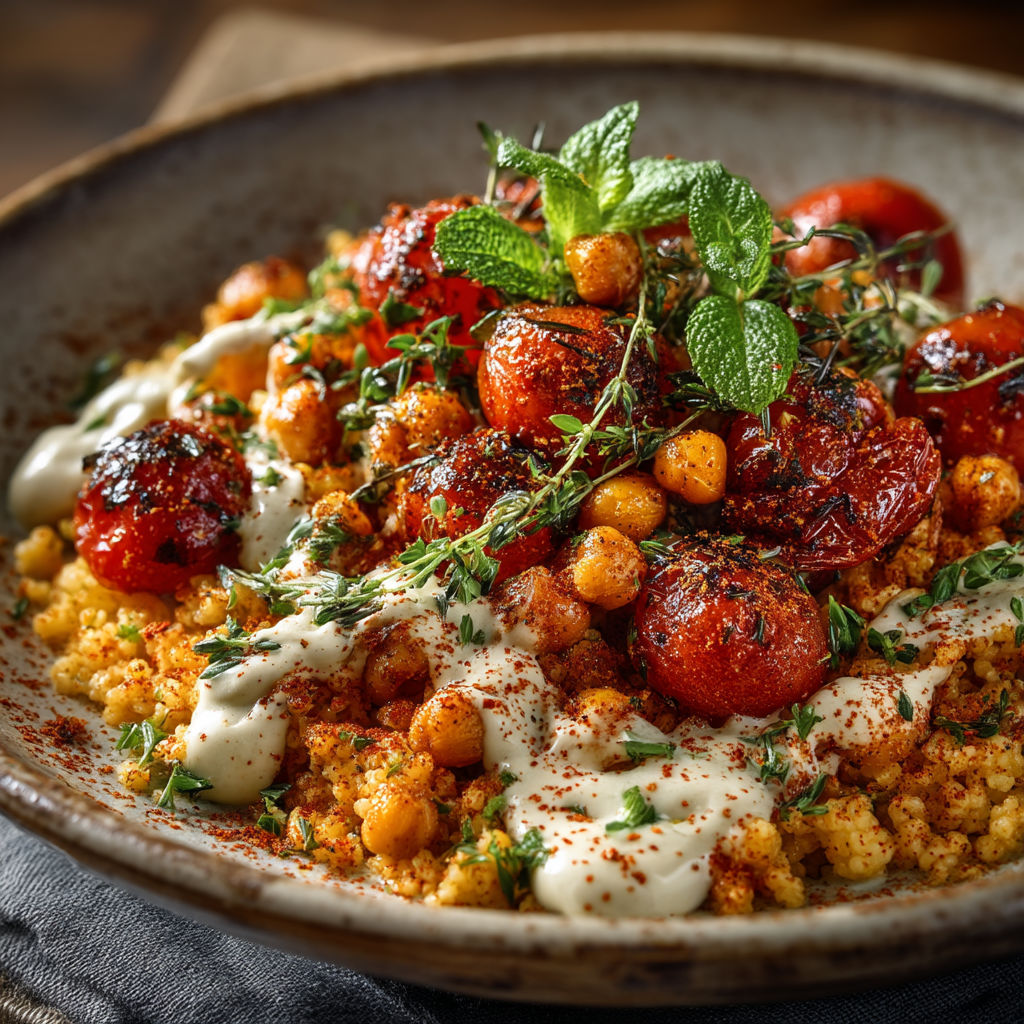 Une assiette de légumes et de graines, avec des tomates, des poivrons, des cumin et des herbes.