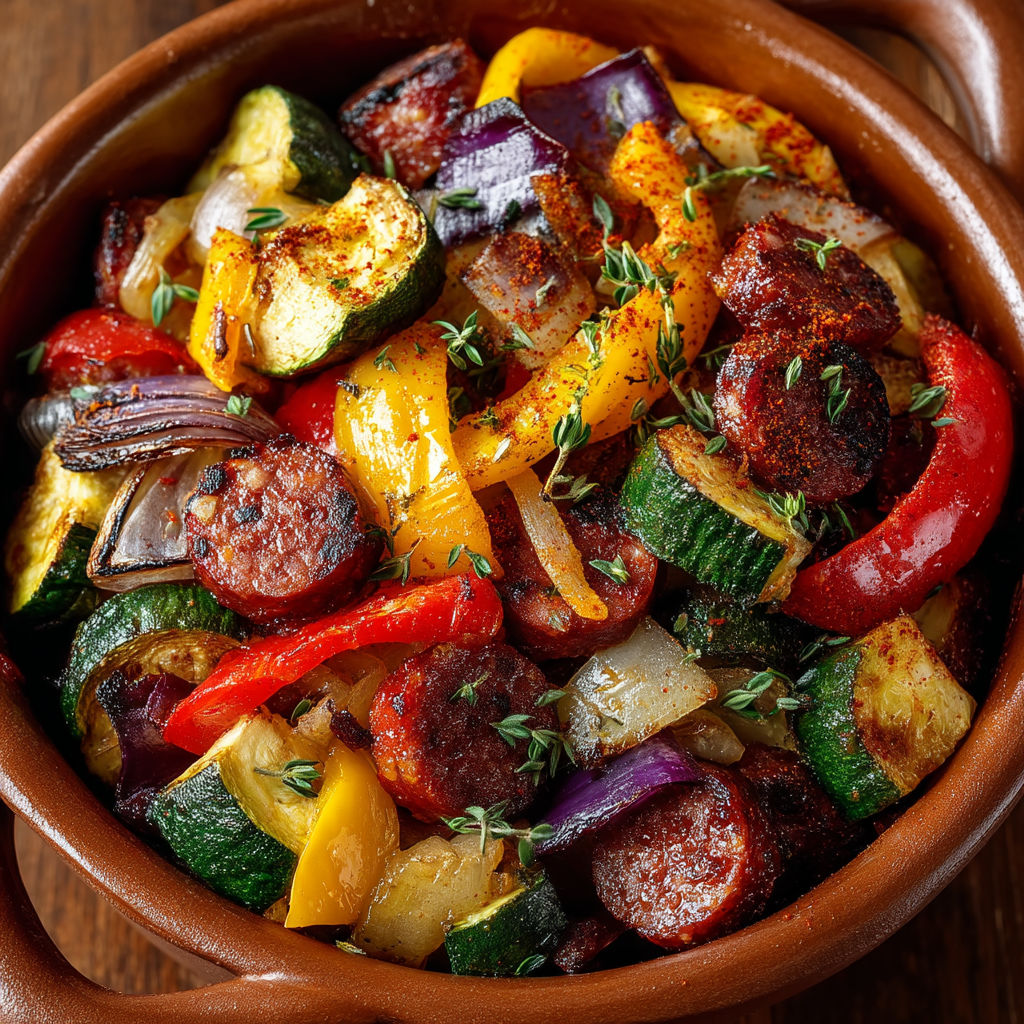 Une grande casserole de légumes et de chorizo.