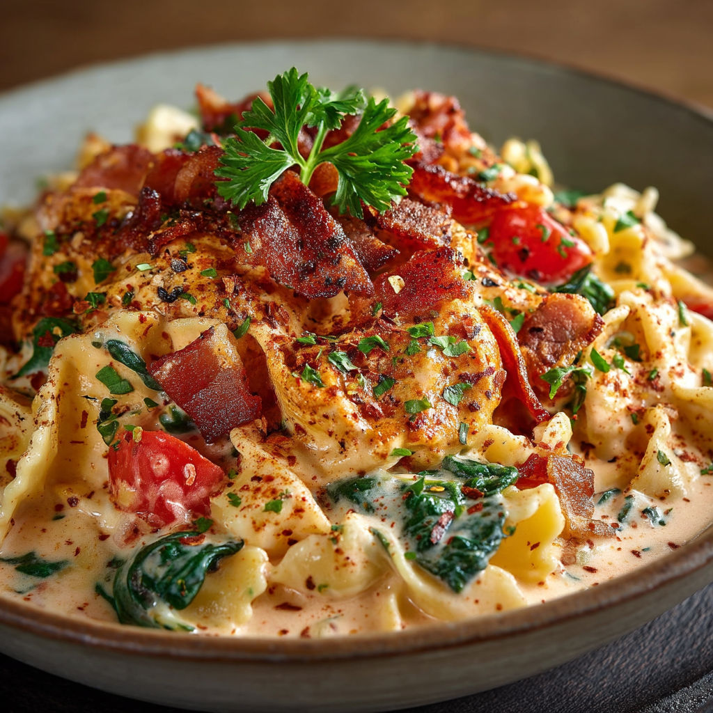 Une assiette de spaghetti avec des légumes et des bacon.