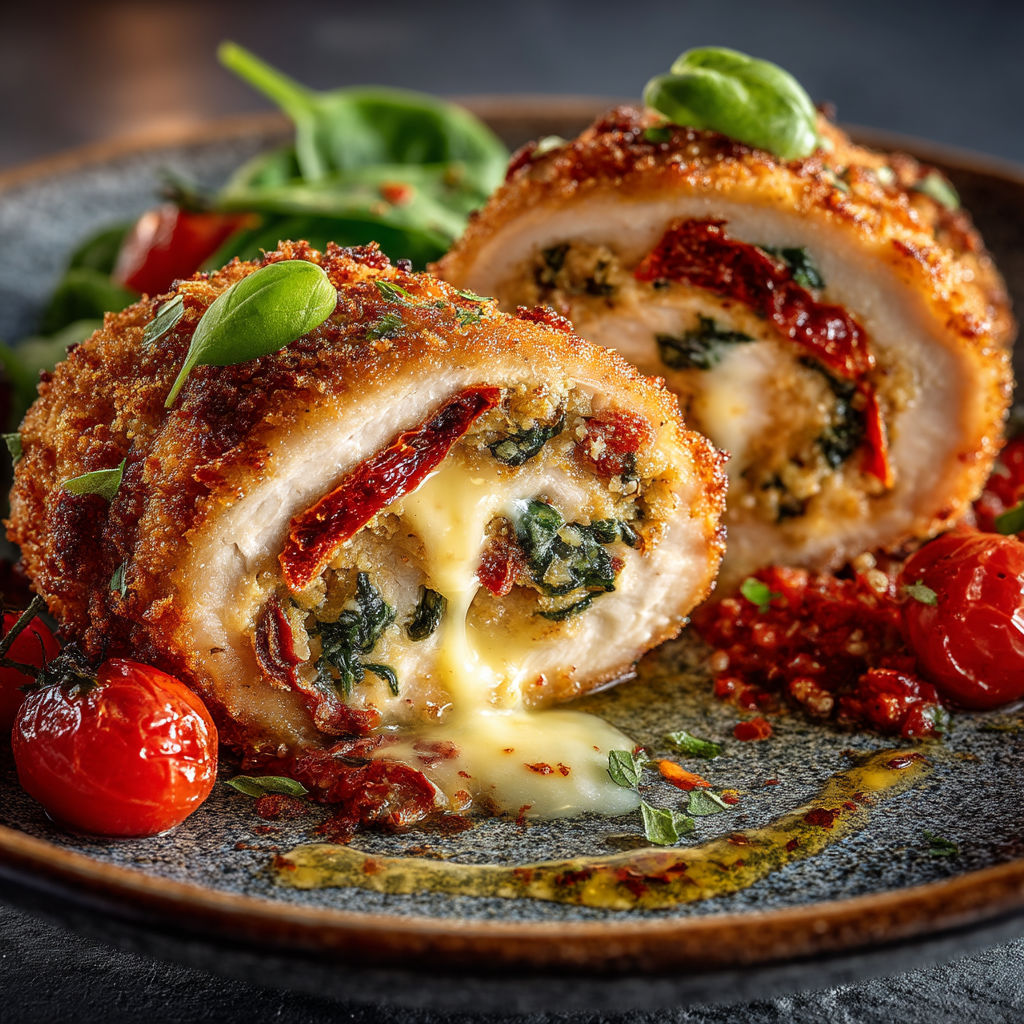 Chicken cordon bleu with cheese and tomatoes.