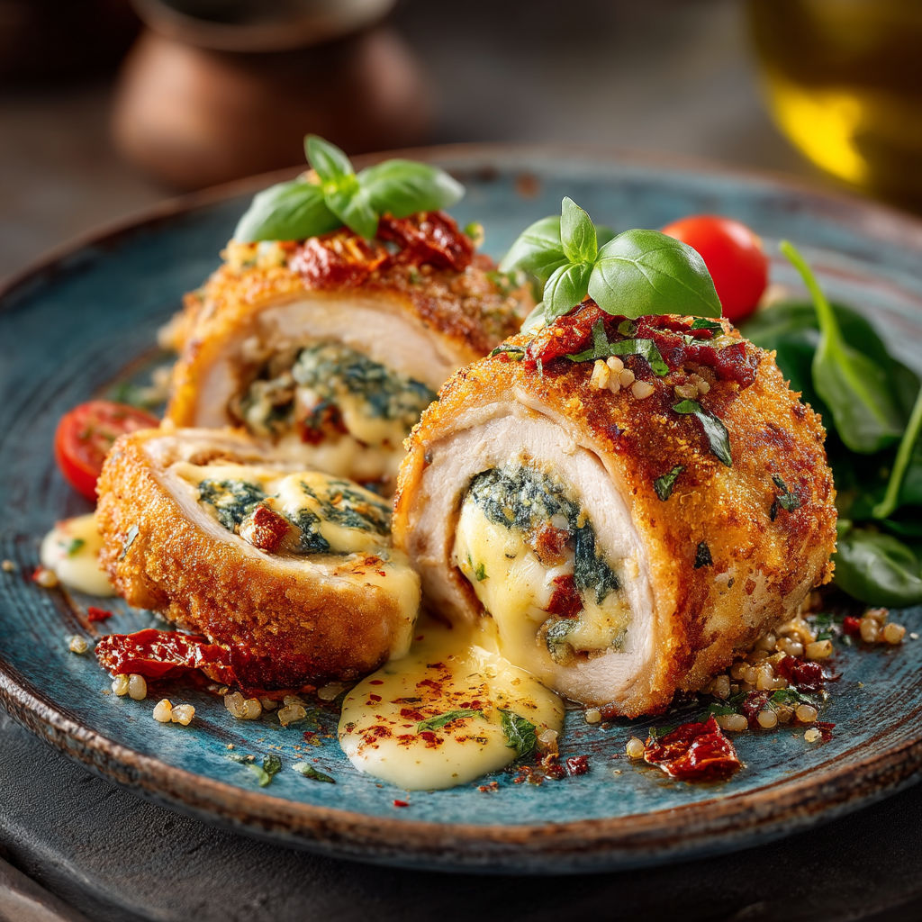 Chicken with sauce and vegetables.