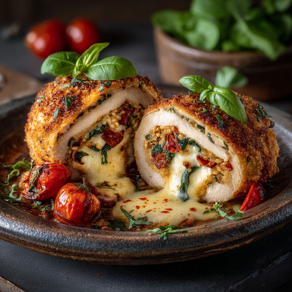 Une tranche de poulet avec des légumes verts.
