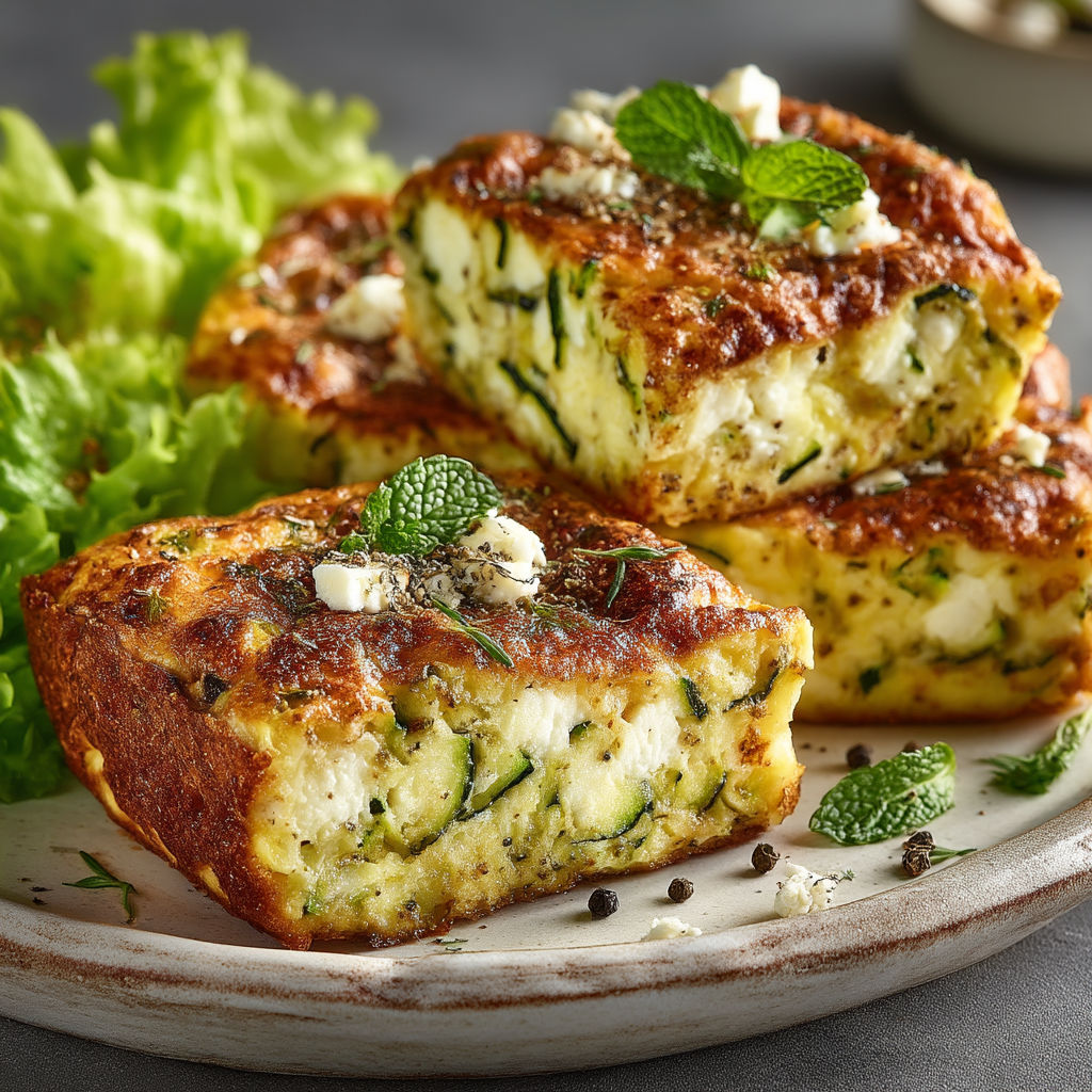 Carrés aux courgettes et feta sur un plateau.