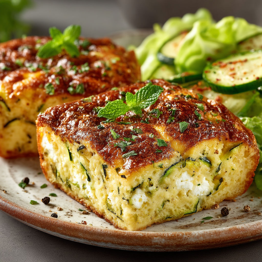 Une tarte aux herbes et aux légumes, servie avec une salade de cucumbers.