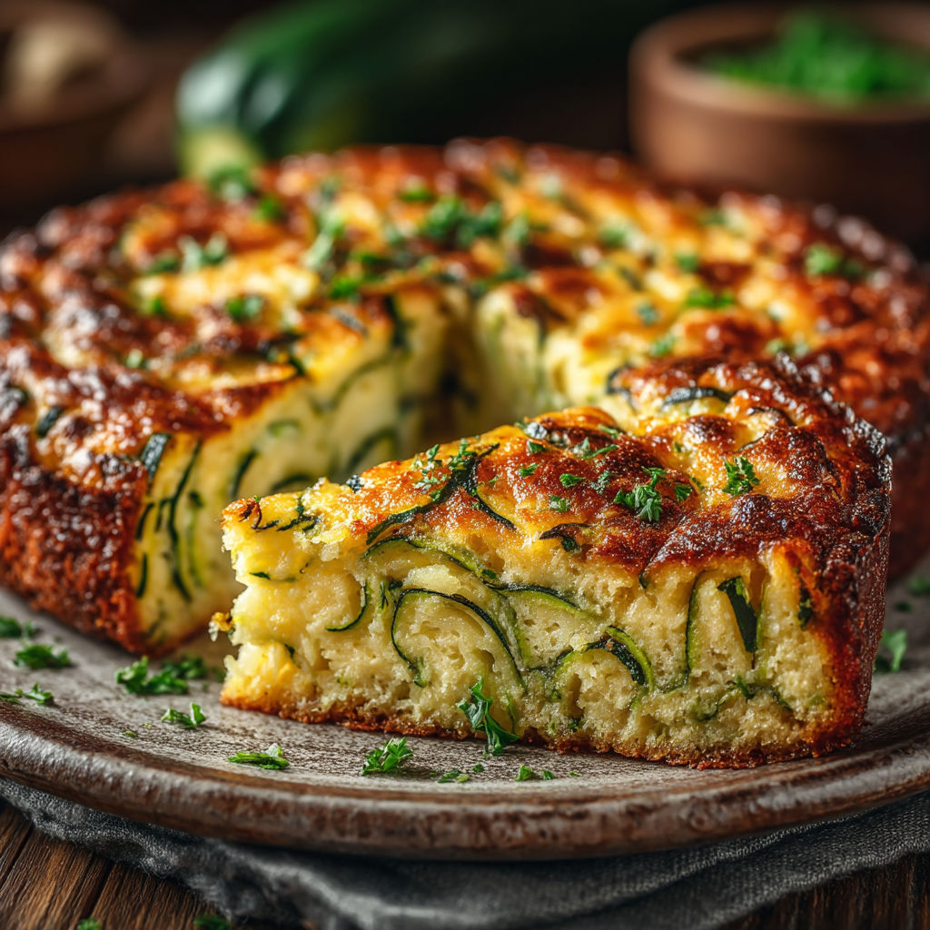 Une tarte aux légumes, avec des légumes verts et des herbes, est servie sur une table.