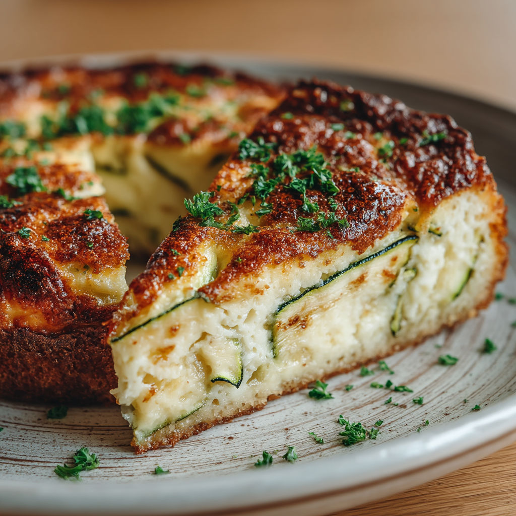 Une tarte aux cèpes et aux zucchini sur un plateau.
