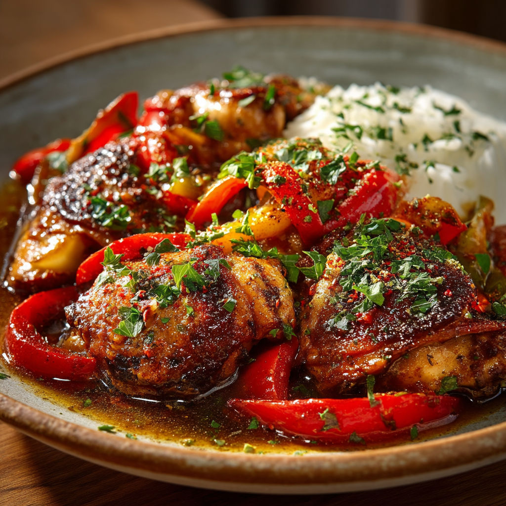 Plate of food with rice and peppers.