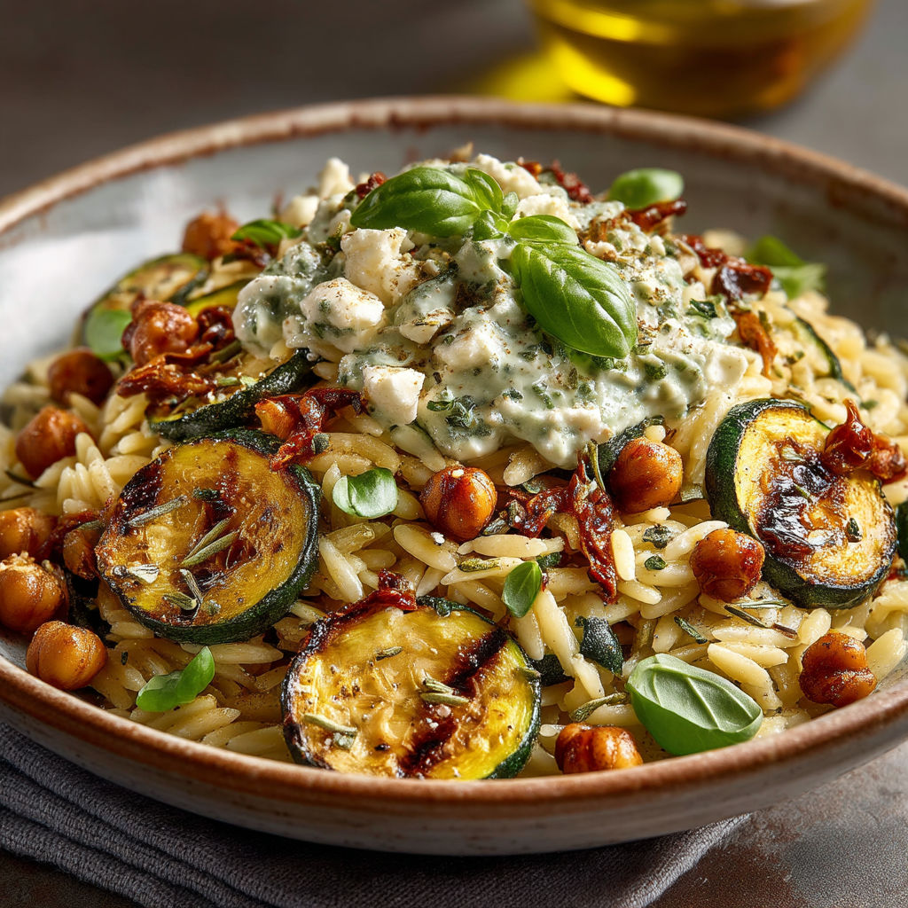 Orzo et courgettes au pesto et feta.