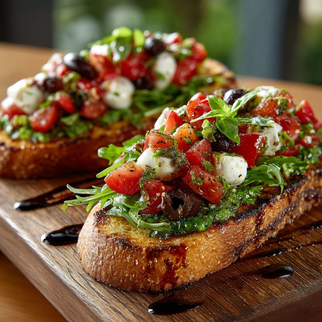 Bruschetta caprese sur une planche.