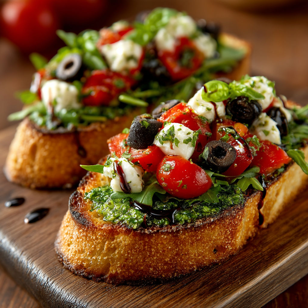 Une tranche de pain grillé avec des tomates, des olives et des herbes.