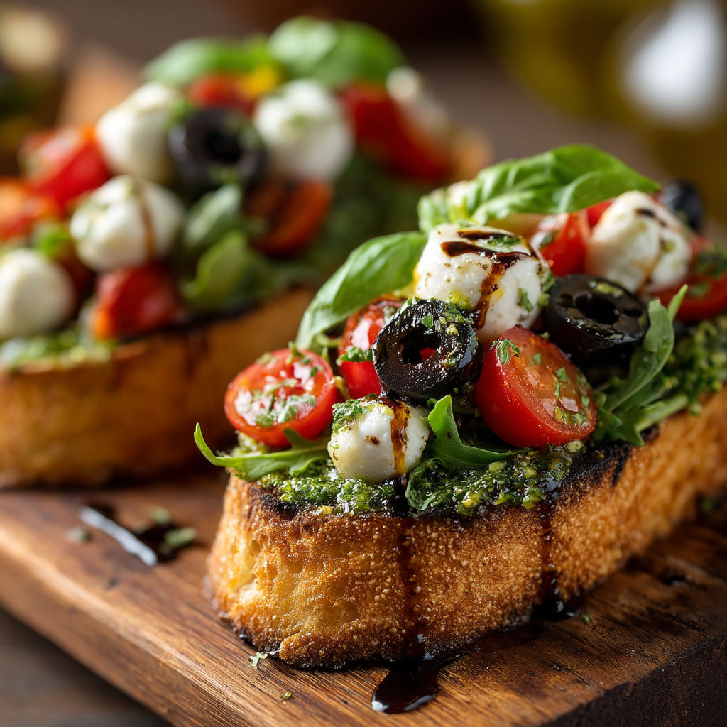 Une pizza avec des tomates, des olives et des herbes.