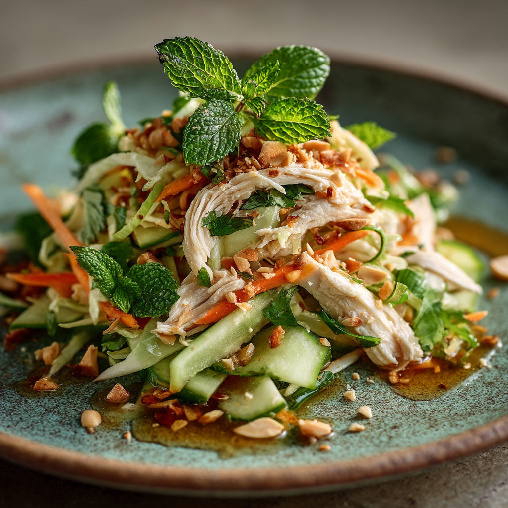 Une salade de carottes et de cucumbers avec du poulet.