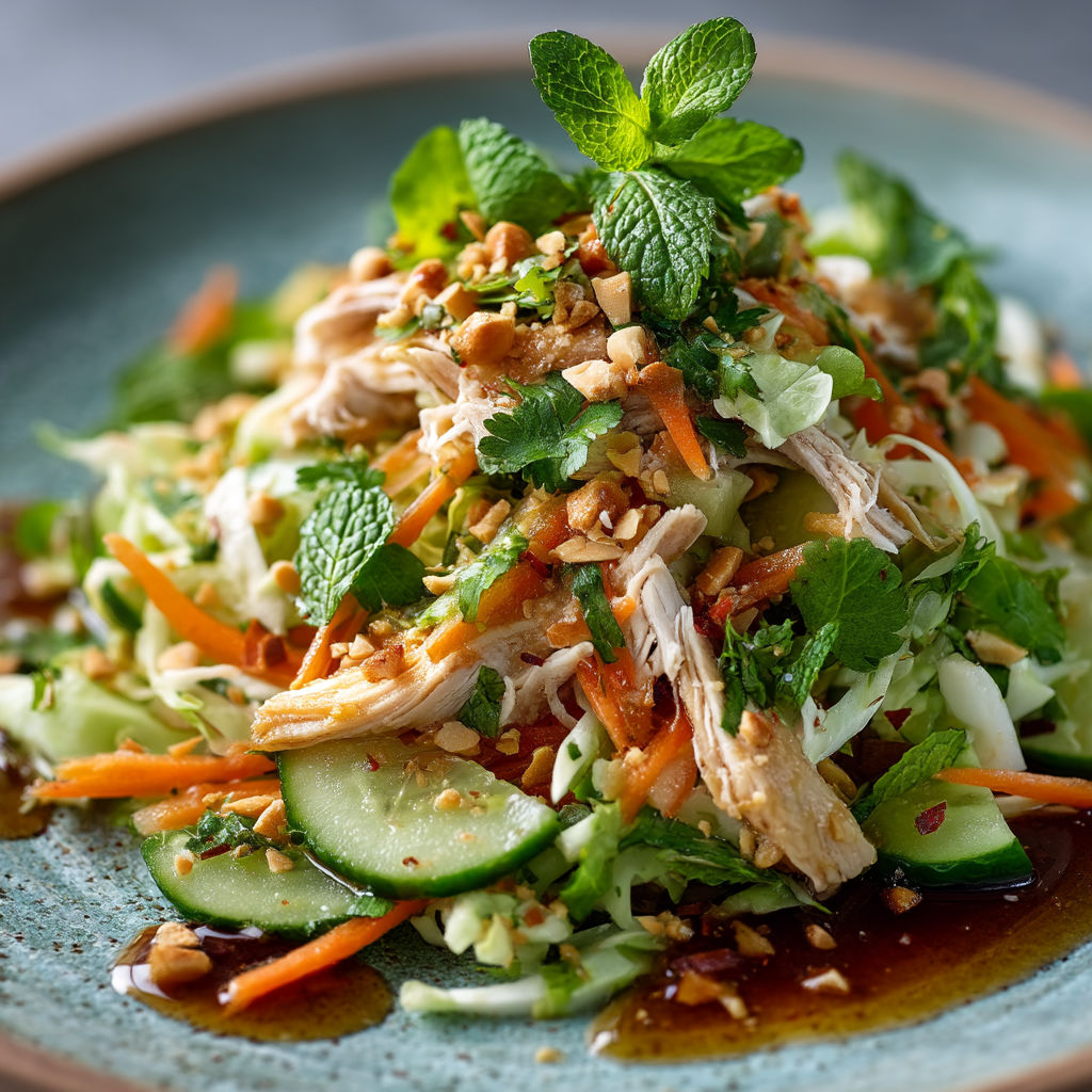 Une salade de poulet et de légumes, avec des carottes, des cucumbers et des herbes.