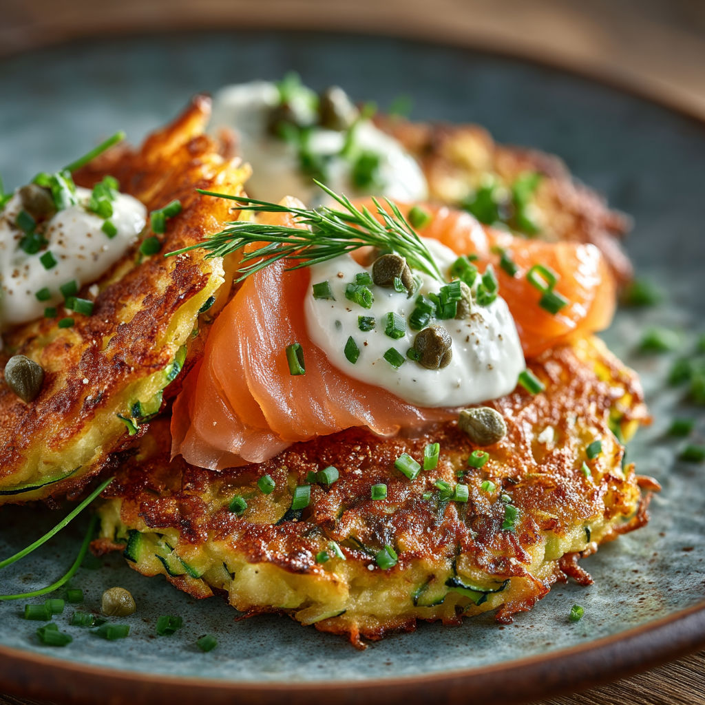 Röstis de courgettes, saumon fumé, sauce au yaourt & herbes.