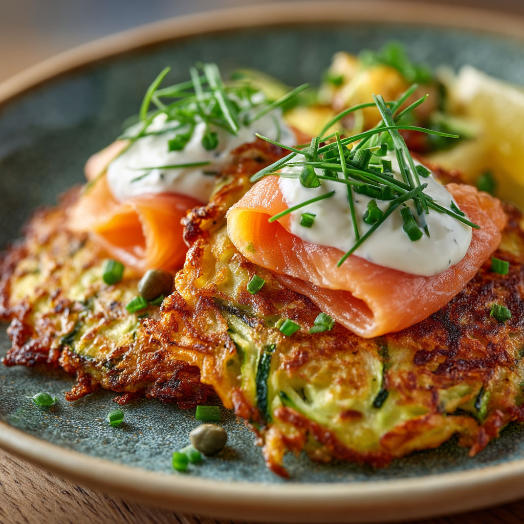 Une assiette de pâtes frites avec des légumes verts et des sauces.