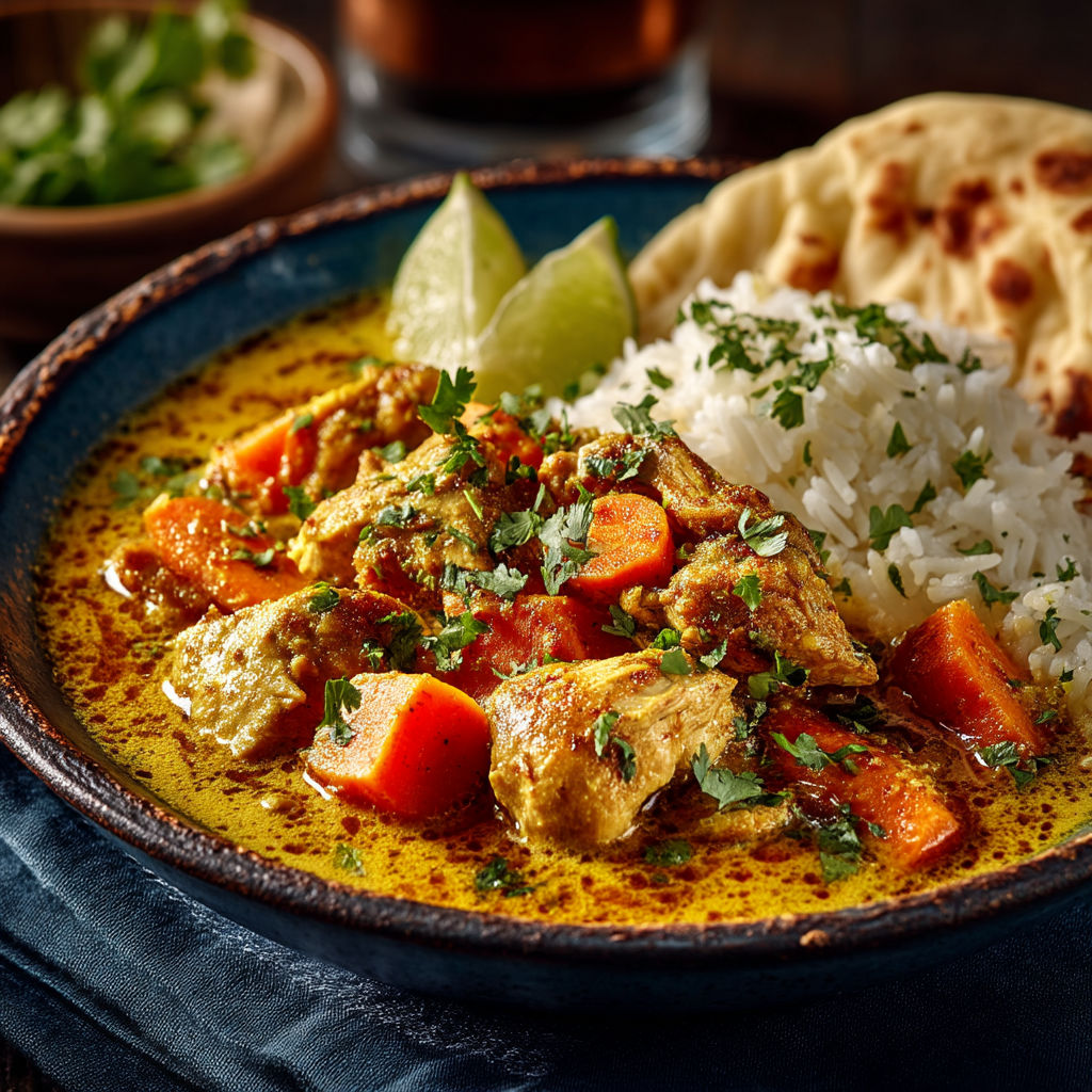 Une cari de poulet aux carottes et riz.