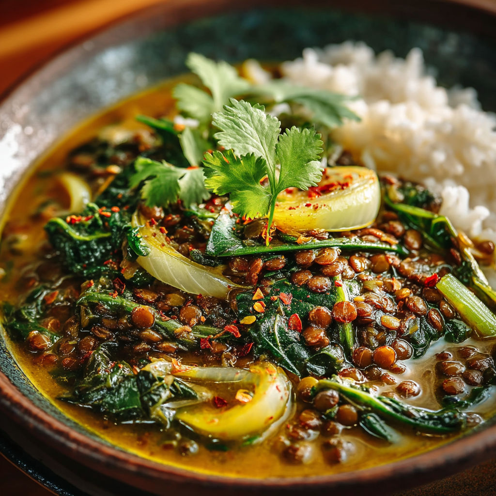 Une soupe chaude avec des légumes verts et des graines de cumin.