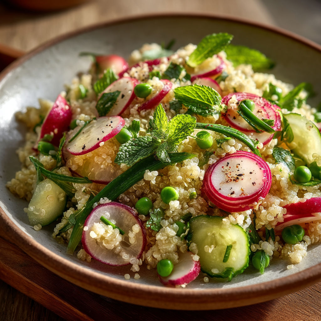 Une salade de couscous et de légumes verts.