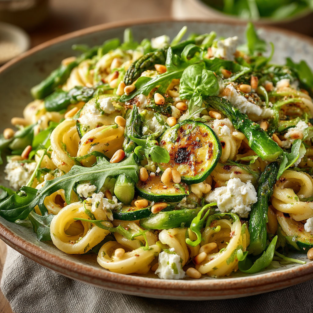 Une salade de pasta avec des légumes verts.