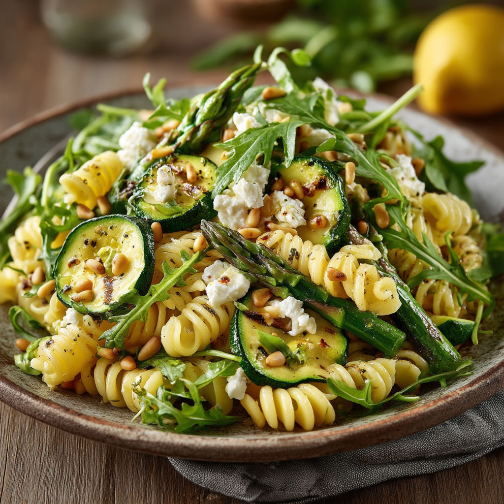 Une salade de pasta avec des légumes verts et des noix.