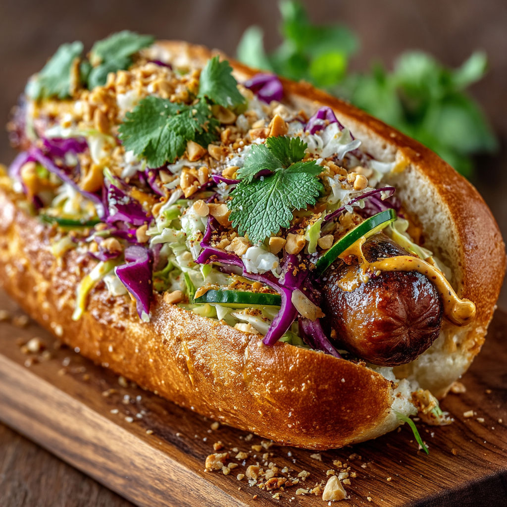 Un hot dog de Knack d'Alsace avec des légumes et des épices thaïlandaises.