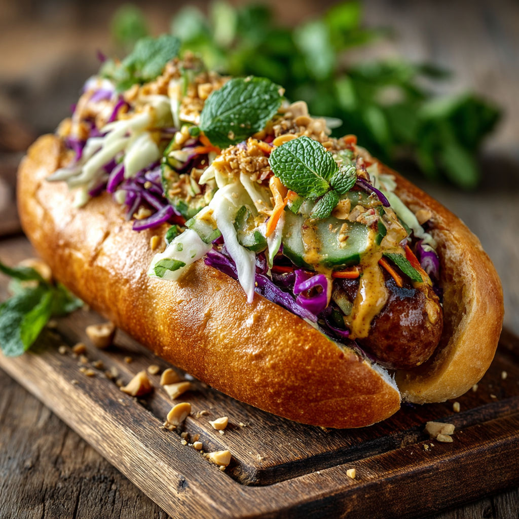 Un sandwich de hot dog avec des légumes et des herbes.