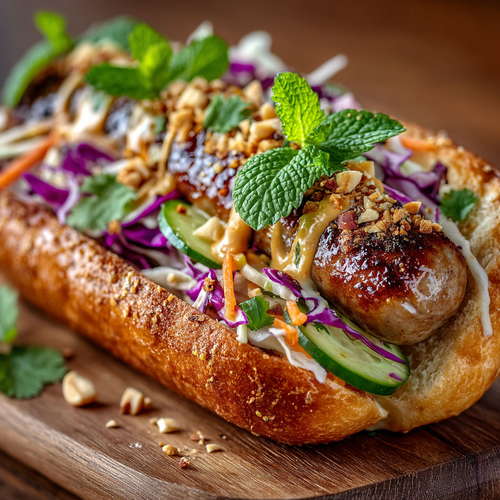 Un sandwich de hot dog avec des légumes et des herbes.