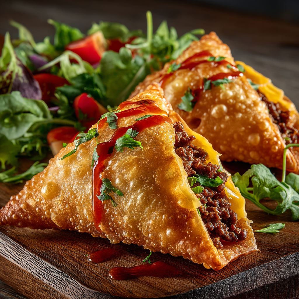 Une salade de laitue et des tomates accompagne deux mini pizzas au fromage et à la viande.
