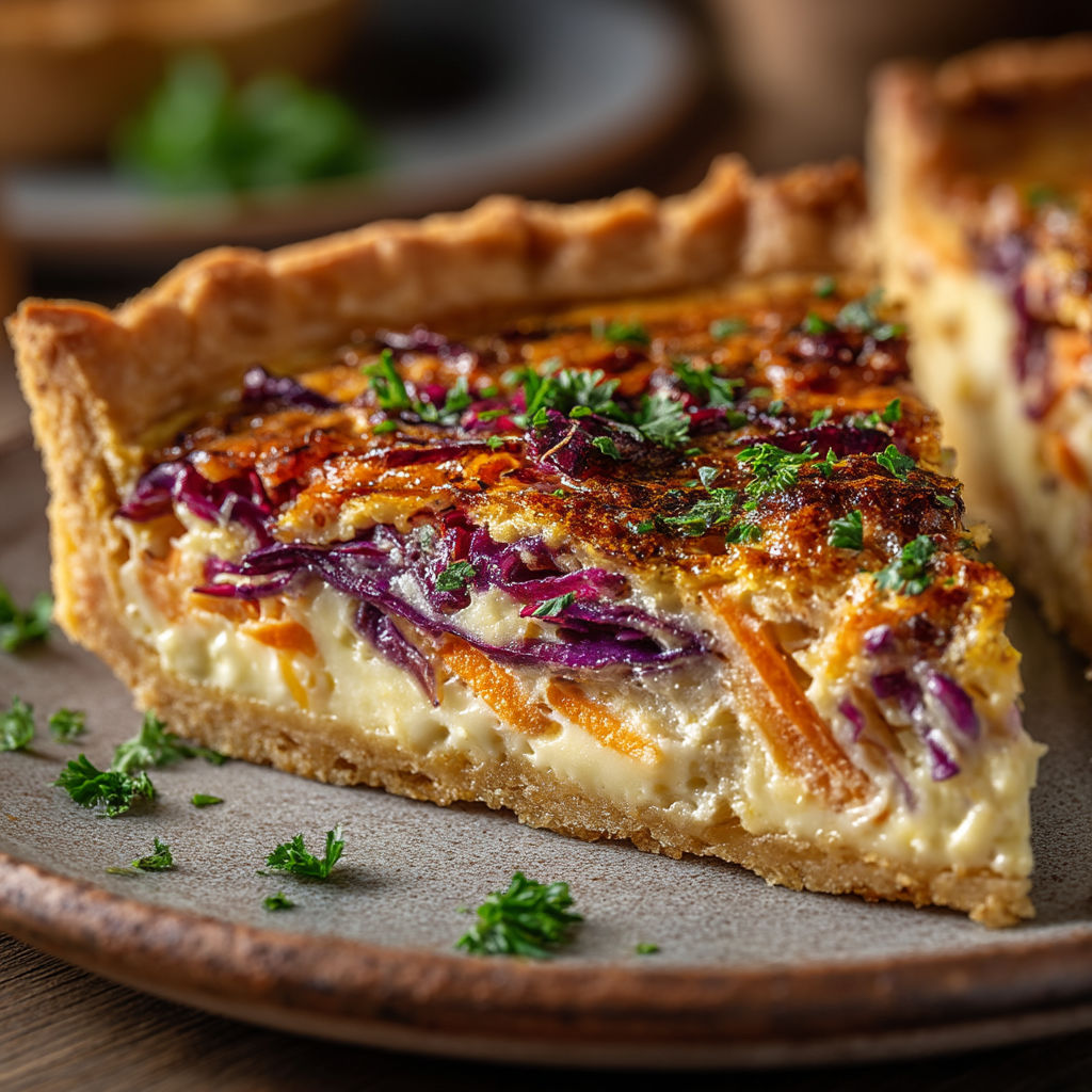 Une quiche au chou rouge, carottes et pommes.