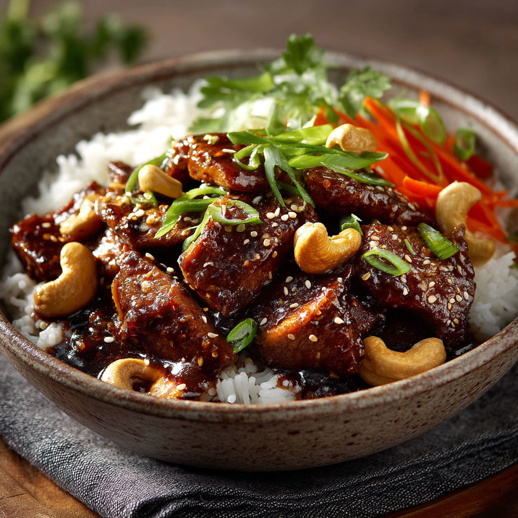 Un plat de riz et de viande avec des carottes et des noix.