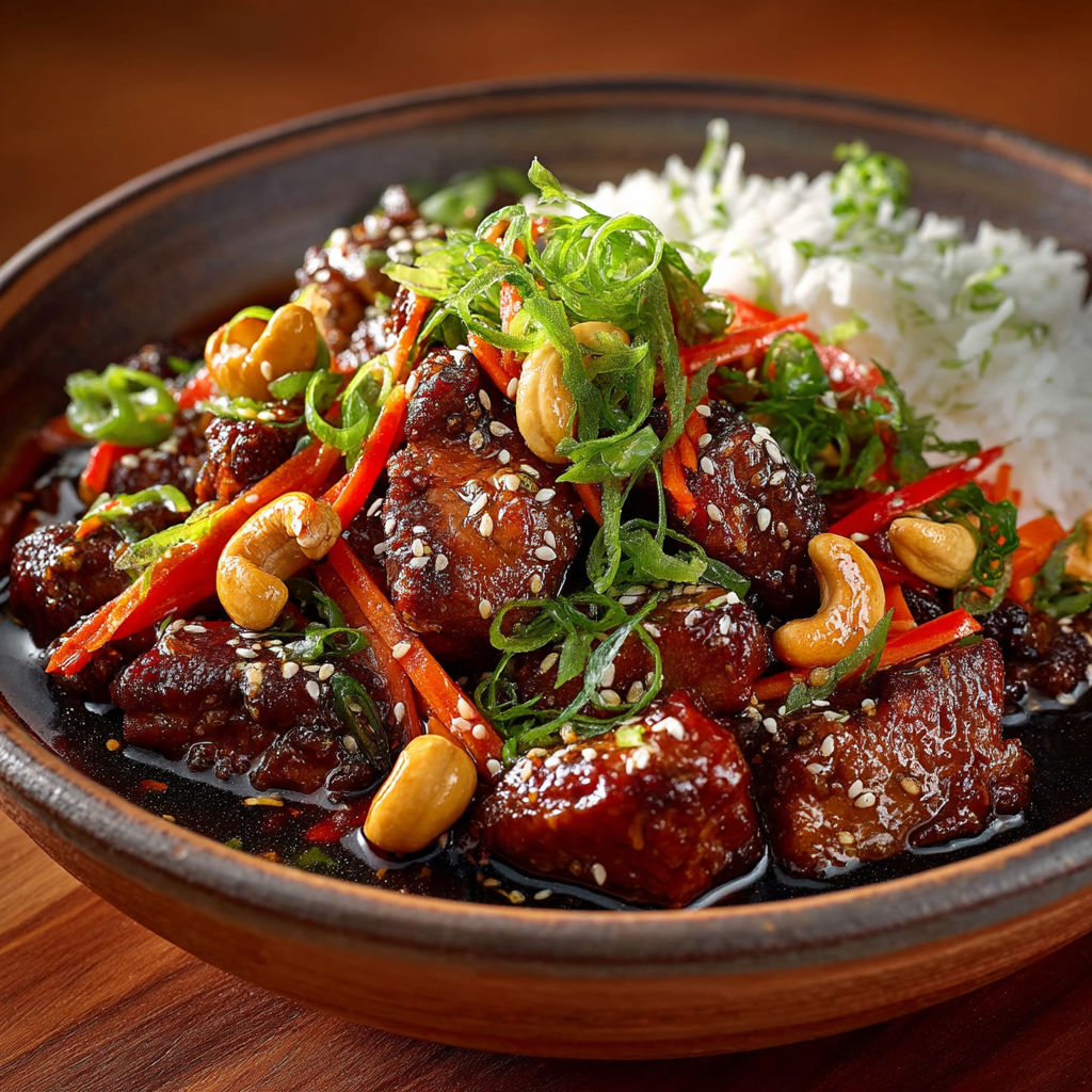 Une assiette de viande chinoise avec des légumes verts.