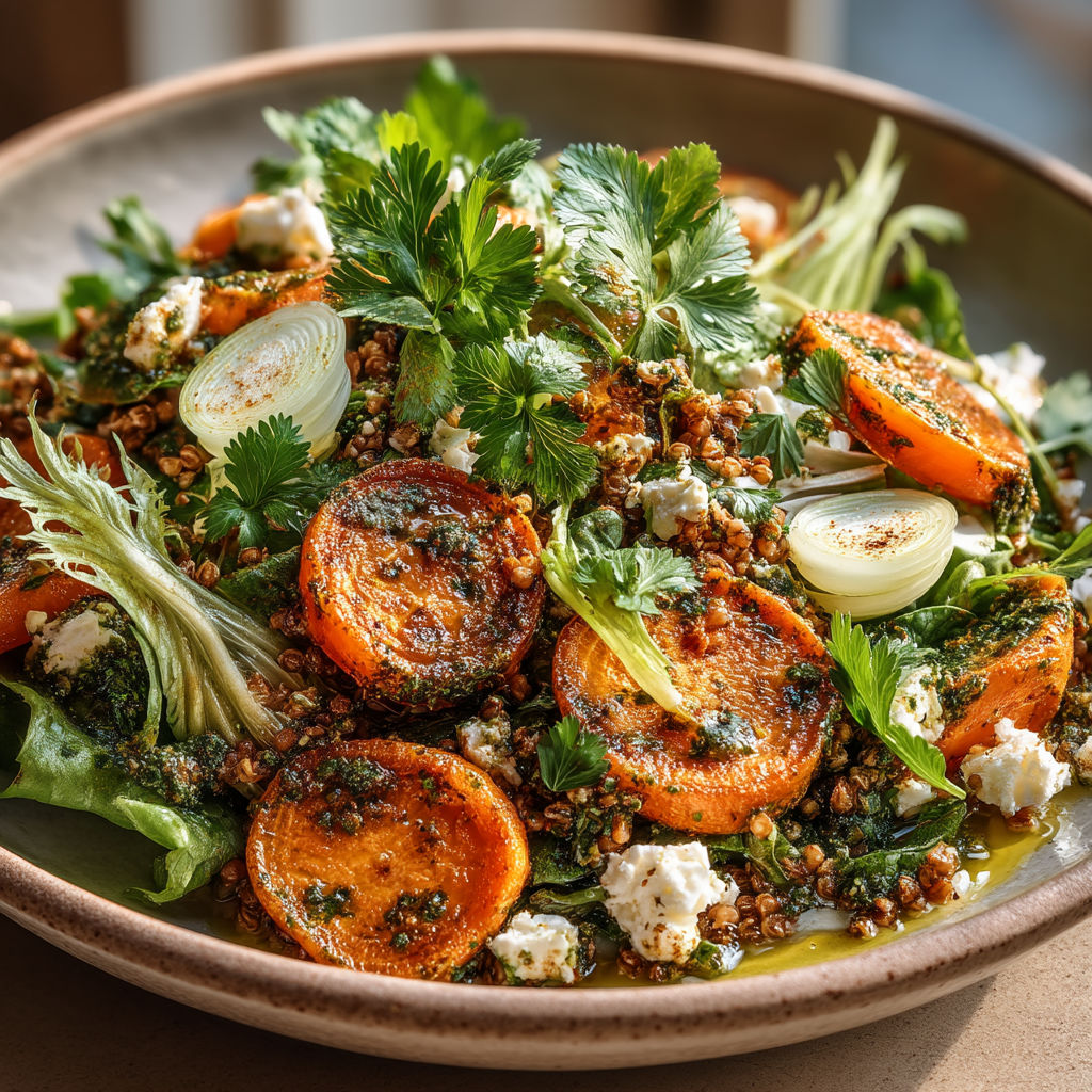 Une salade veggie complète avec des endives, des pourpier et des carottes, servie avec une sauce à la Chermoula.