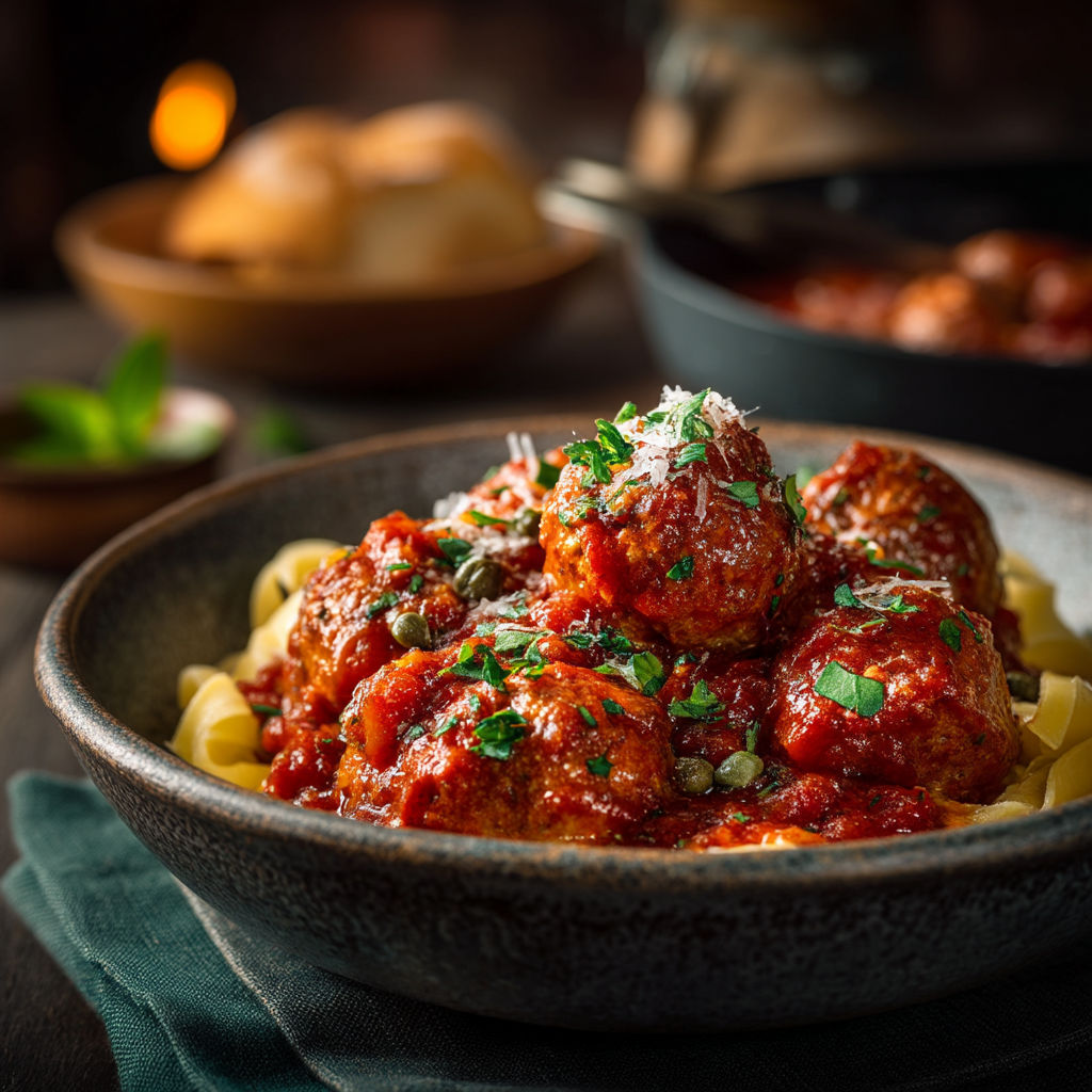 Une assiette de spaghetti avec des boulettes de viande tomate et sauce tomate.