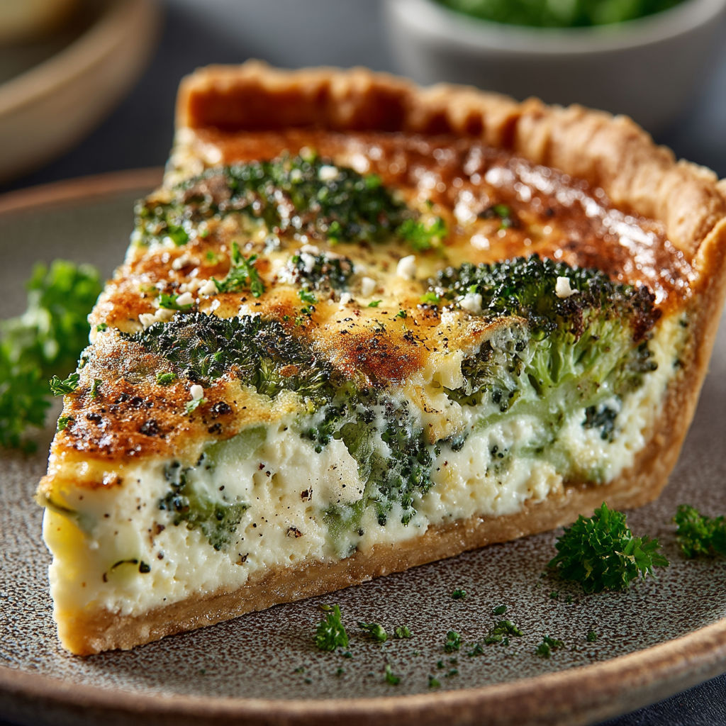 Une quiche aux brocolis et ricotta sur un plateau.