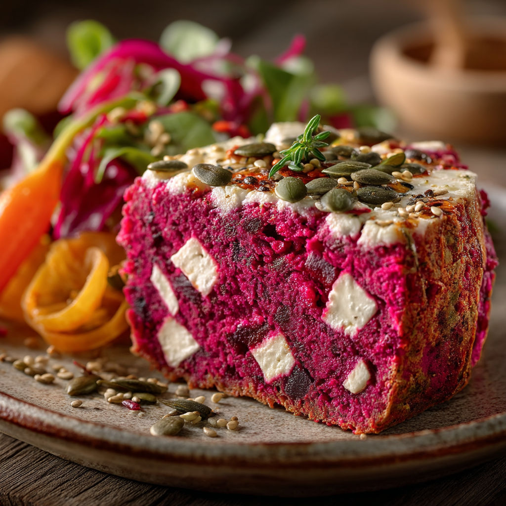 Une tranche de gâteau au chèvre et aux graines.