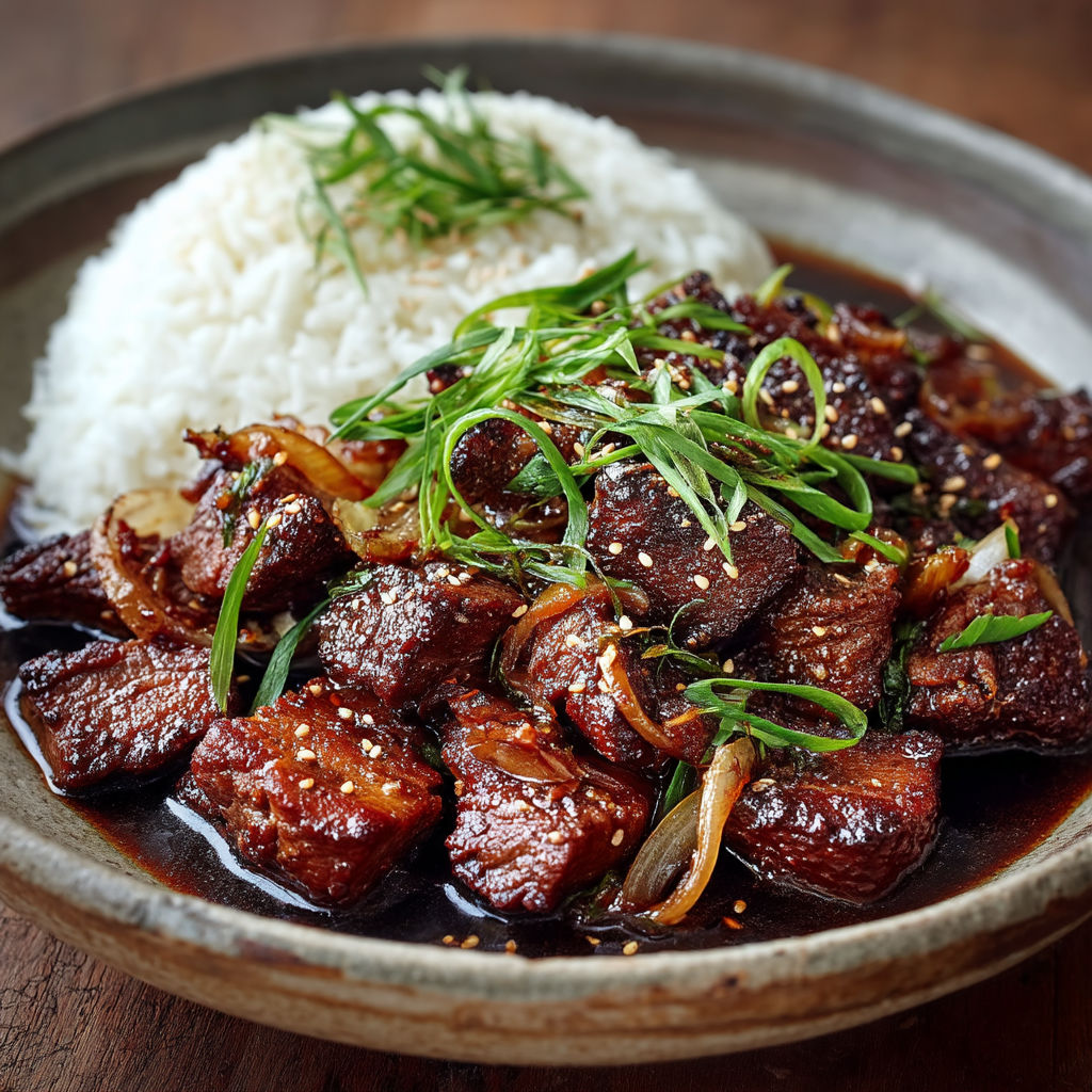 Une assiette de viande et de riz.