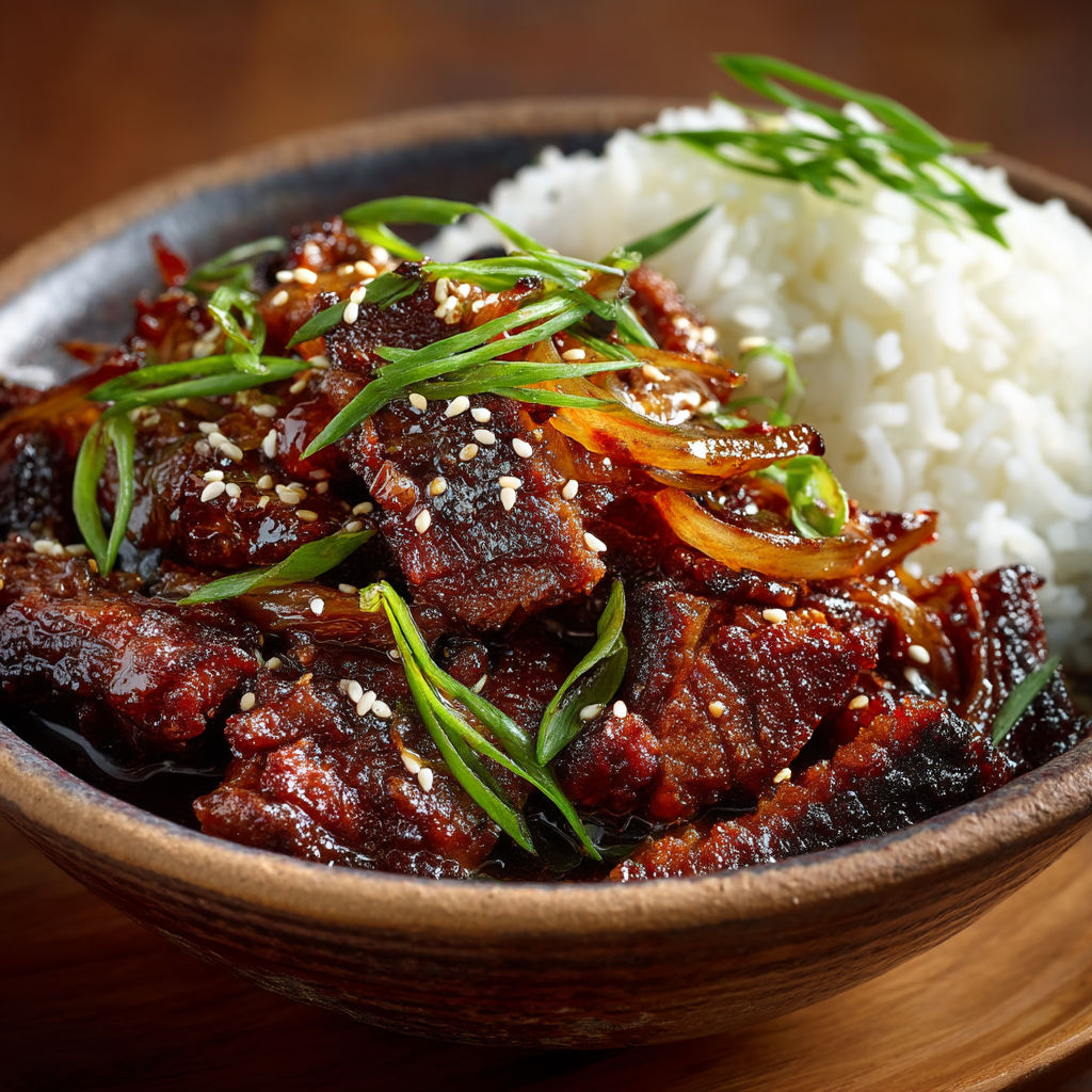 Un plat de viande avec des herbes et des grains de riz.