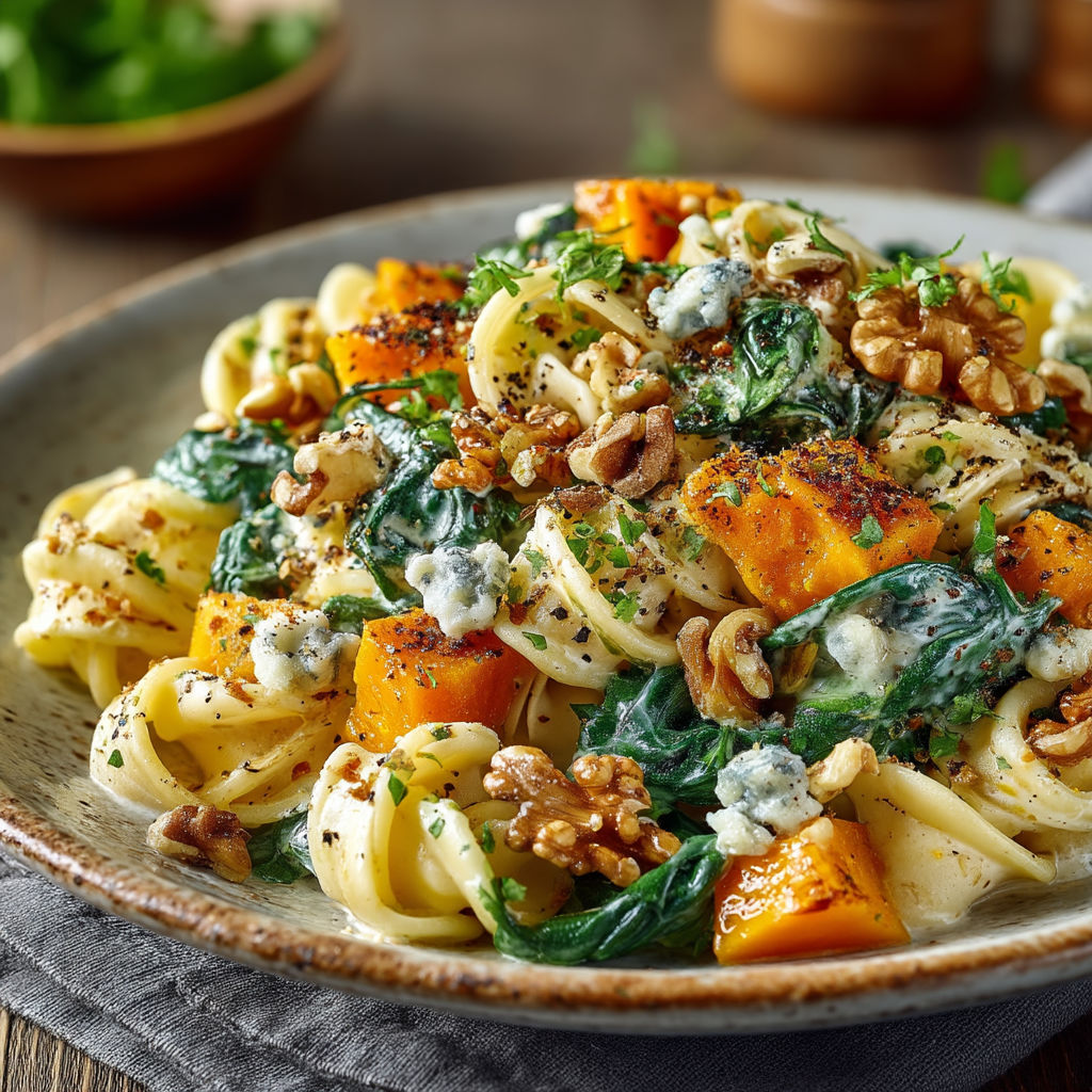 Pâtes au potimarron, épinards et noix.