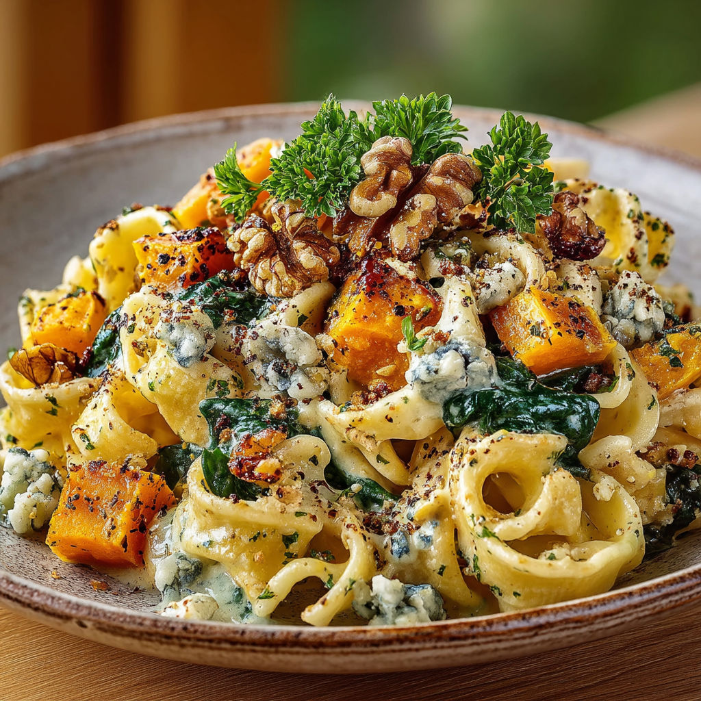 Une assiette de spaghetti avec des légumes et des noix.