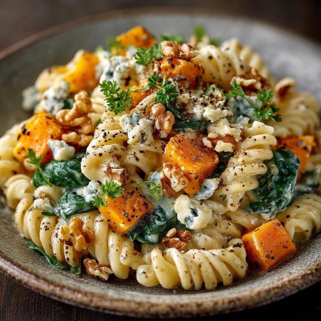 Une assiette de spaghetti avec des légumes et des noix.