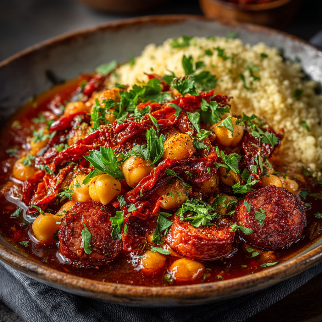 Pois chiche mijotés au chorizo et tomates séchées.