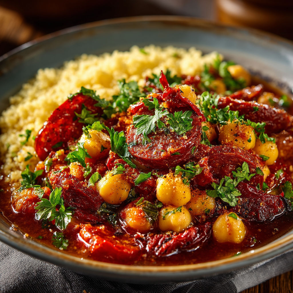 Une assiette de couscous avec des légumes et des tomates.