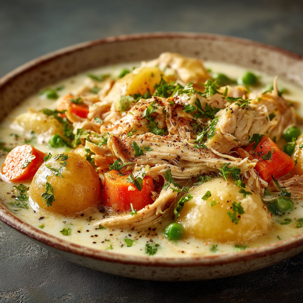 Une assiette de potatoes et de poulet.